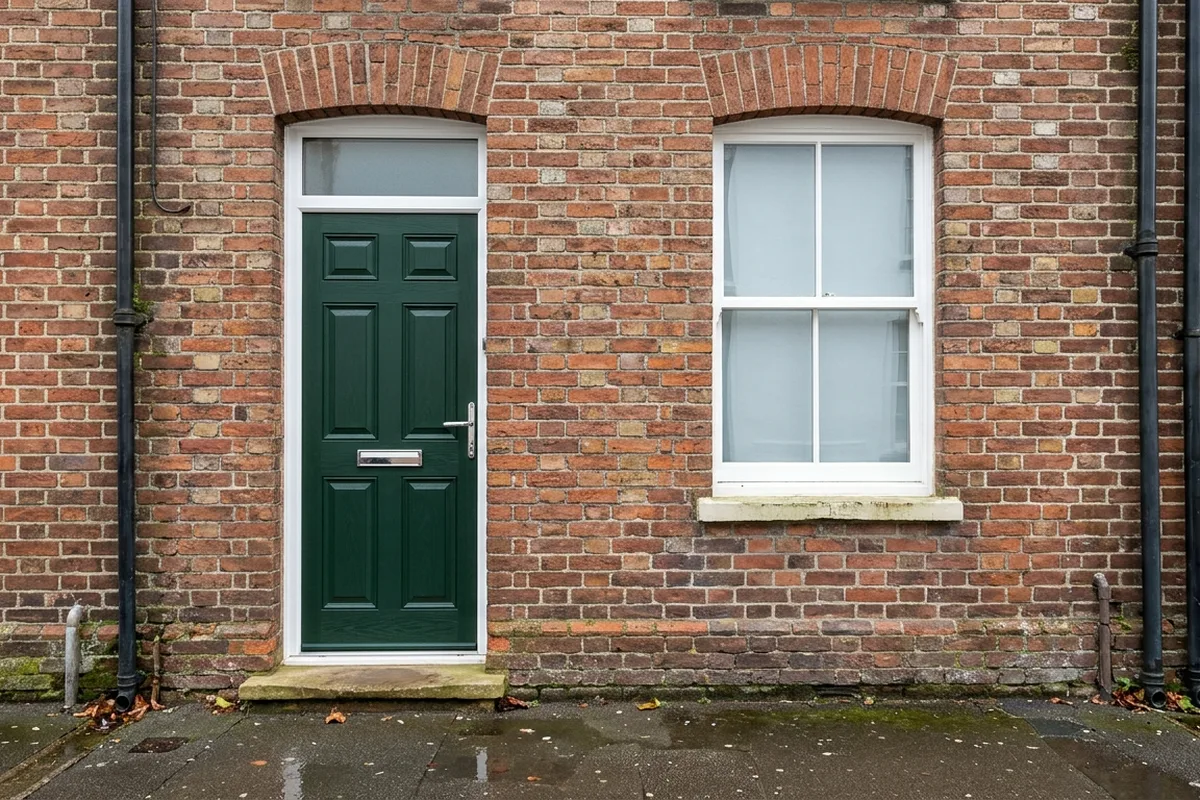 Dark green panelled composite front door with a glazed fanlight beside a white sash window on a red brick Victorian terrace