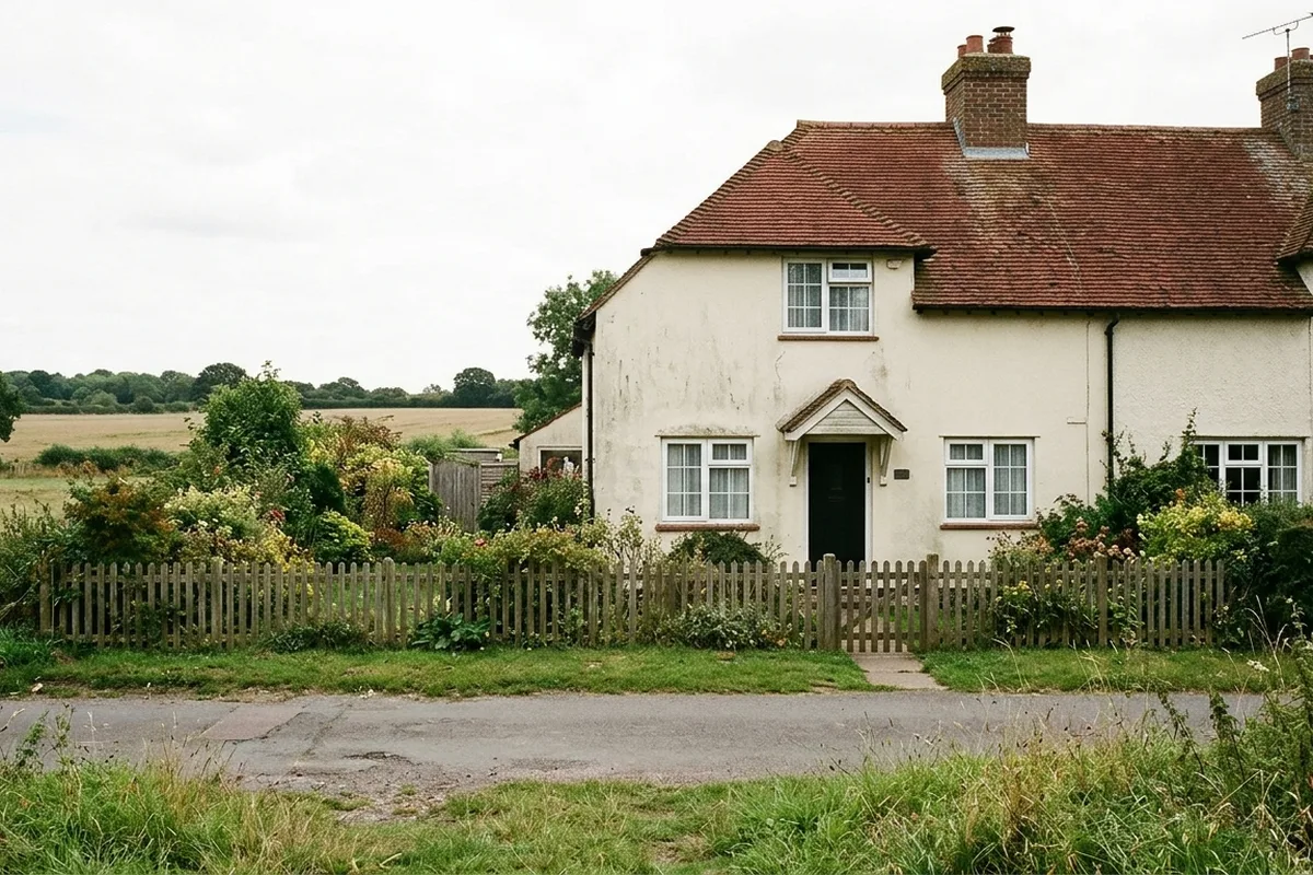 Cream-rendered semi-detached cottage with white casement windows, a small porch and a picket fence, fields behind