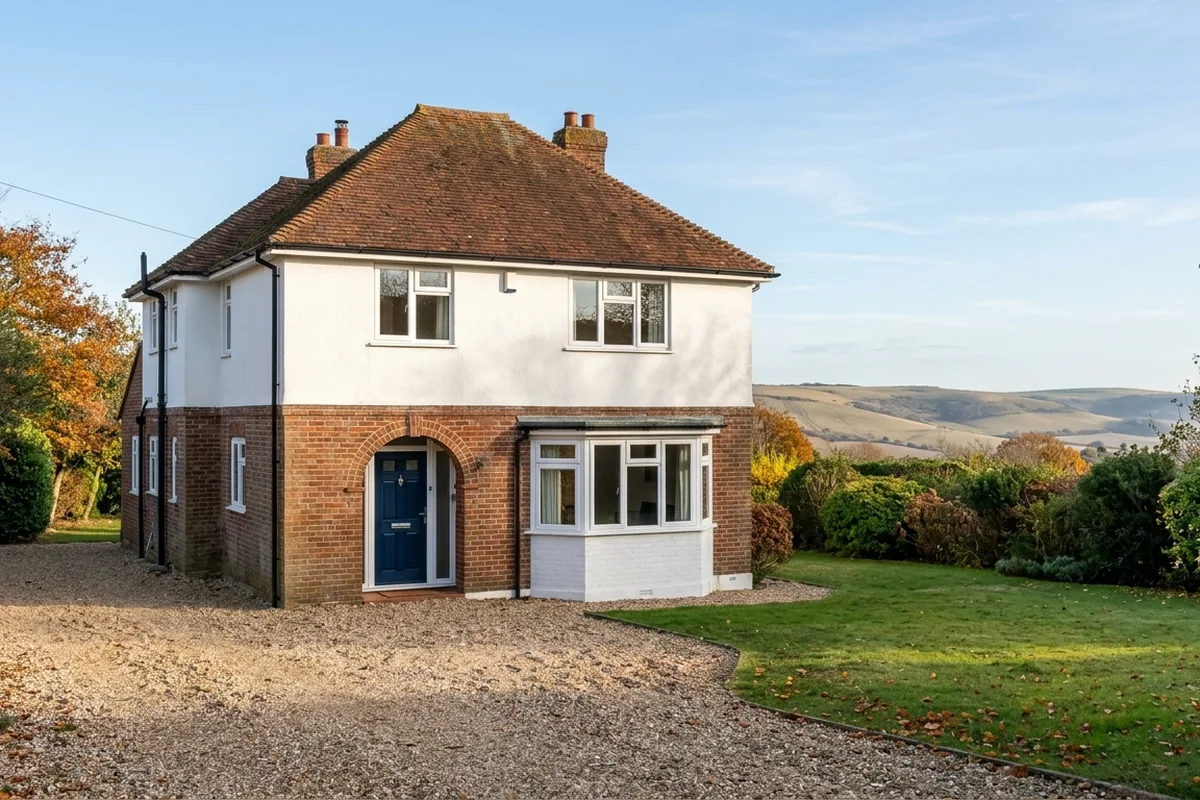 1930s detached house with white casement windows, a canted bay and a blue front door, with a view of the Downs