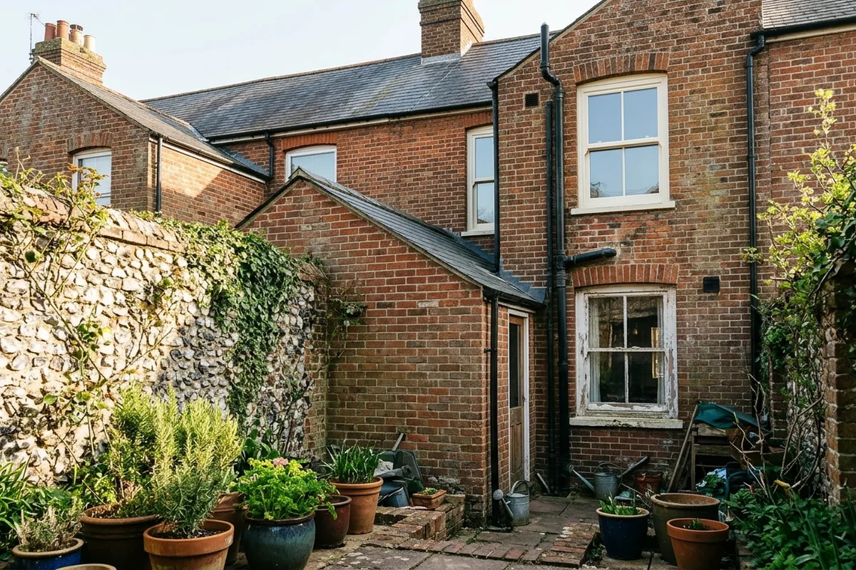 Rear of a red brick Victorian terrace with one new white sash window upstairs above an old timber sash, beside a flint garden wall