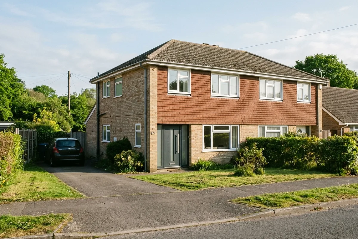 1960s semi-detached house typical of Ringmer's estates, with white casement windows, a tile-hung upper floor and a grey composite front door