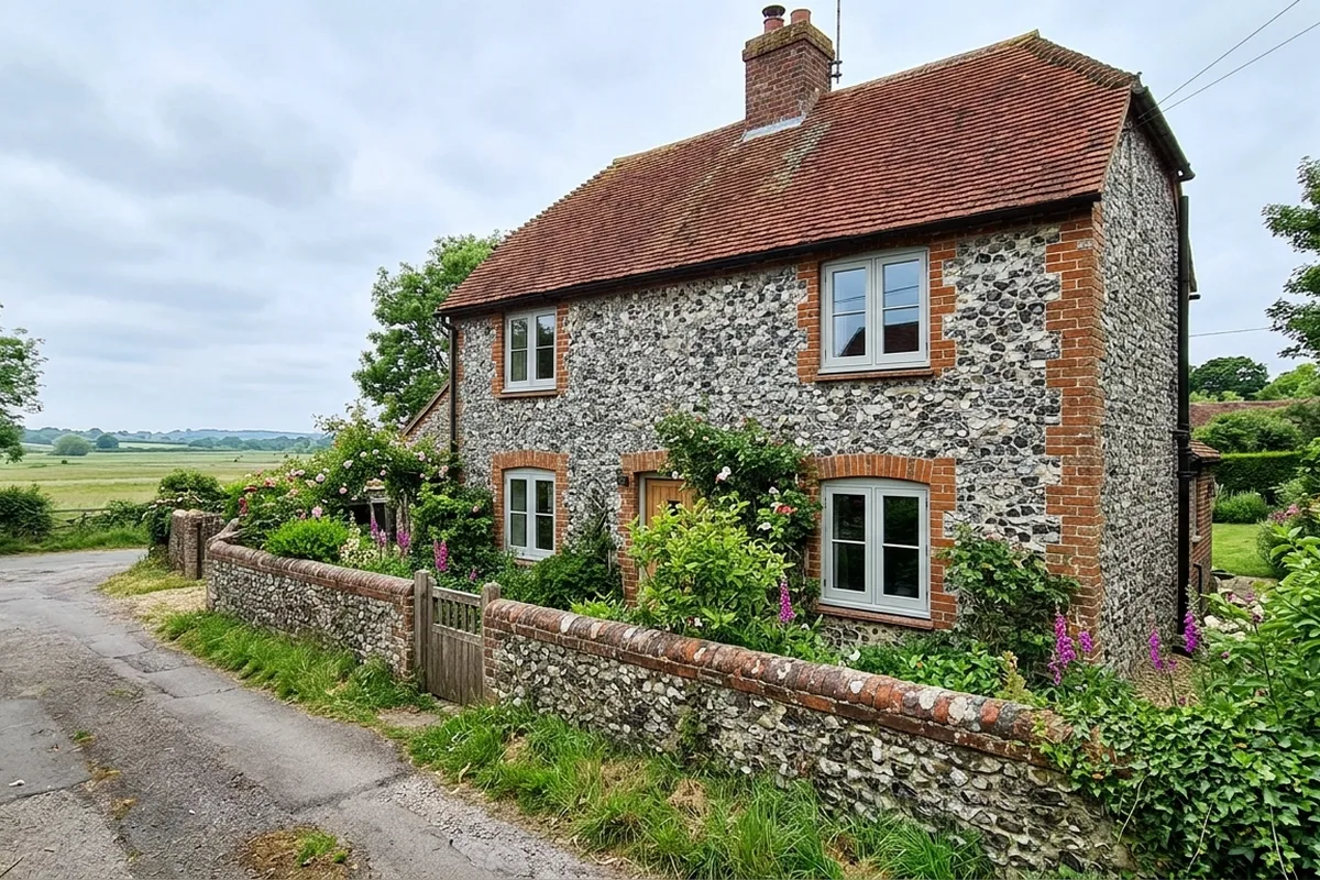 Flint cottage with red brick dressings and pale painted casement windows behind a flint garden wall