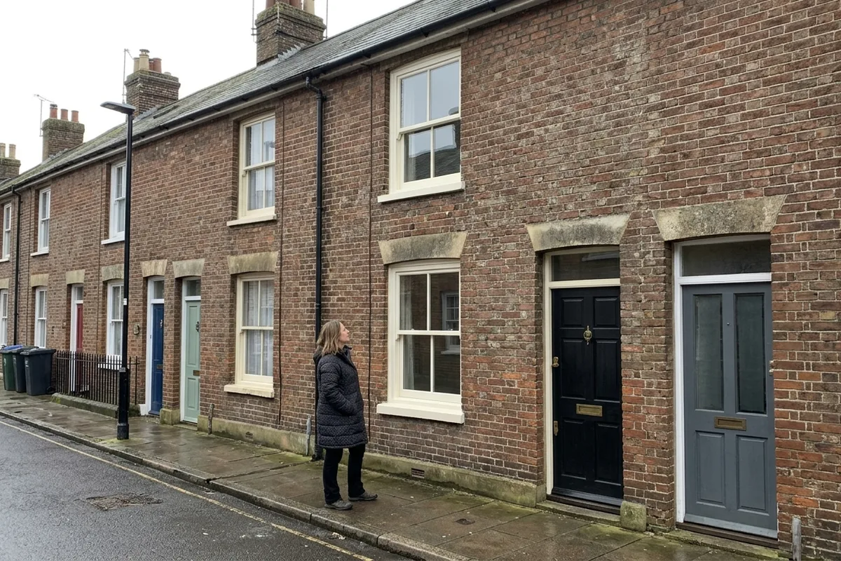 Victorian brick terrace with white painted sash windows and a woman on the pavement looking up at them