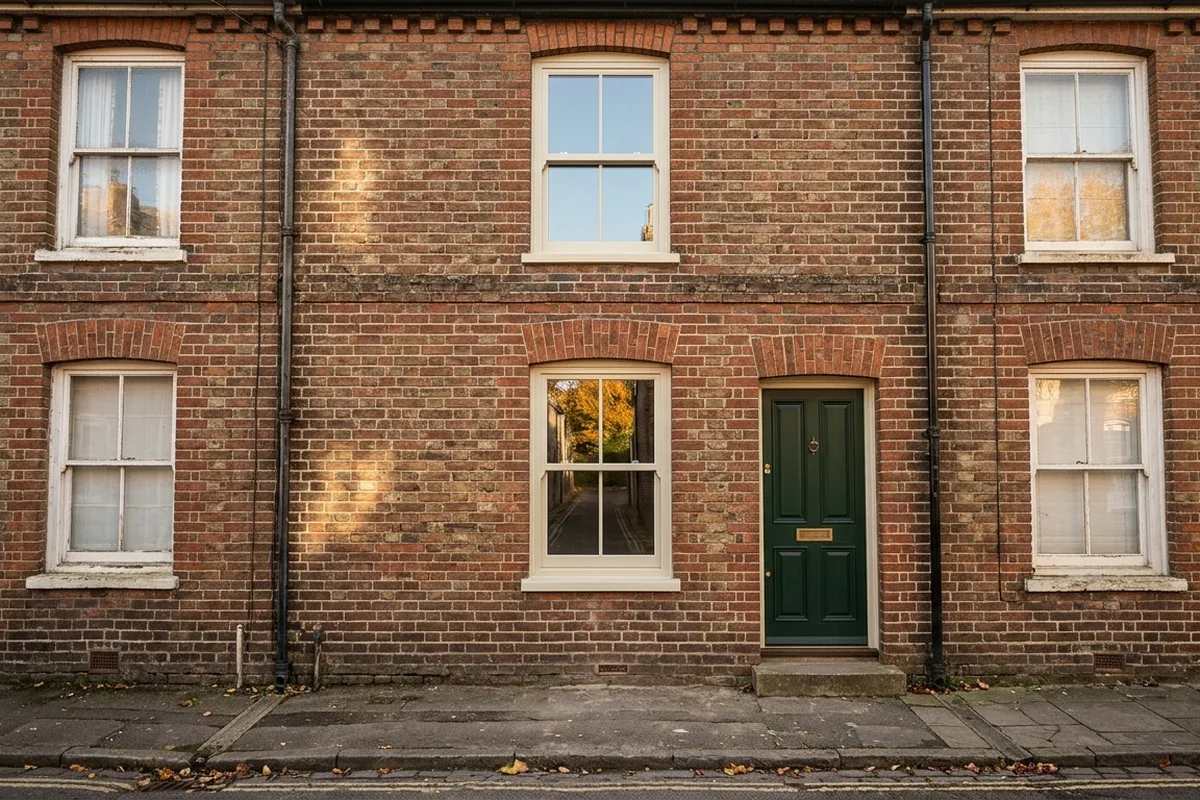 Front of a brick Victorian terrace house with two cream sash windows, one above the other, beside a dark green front door