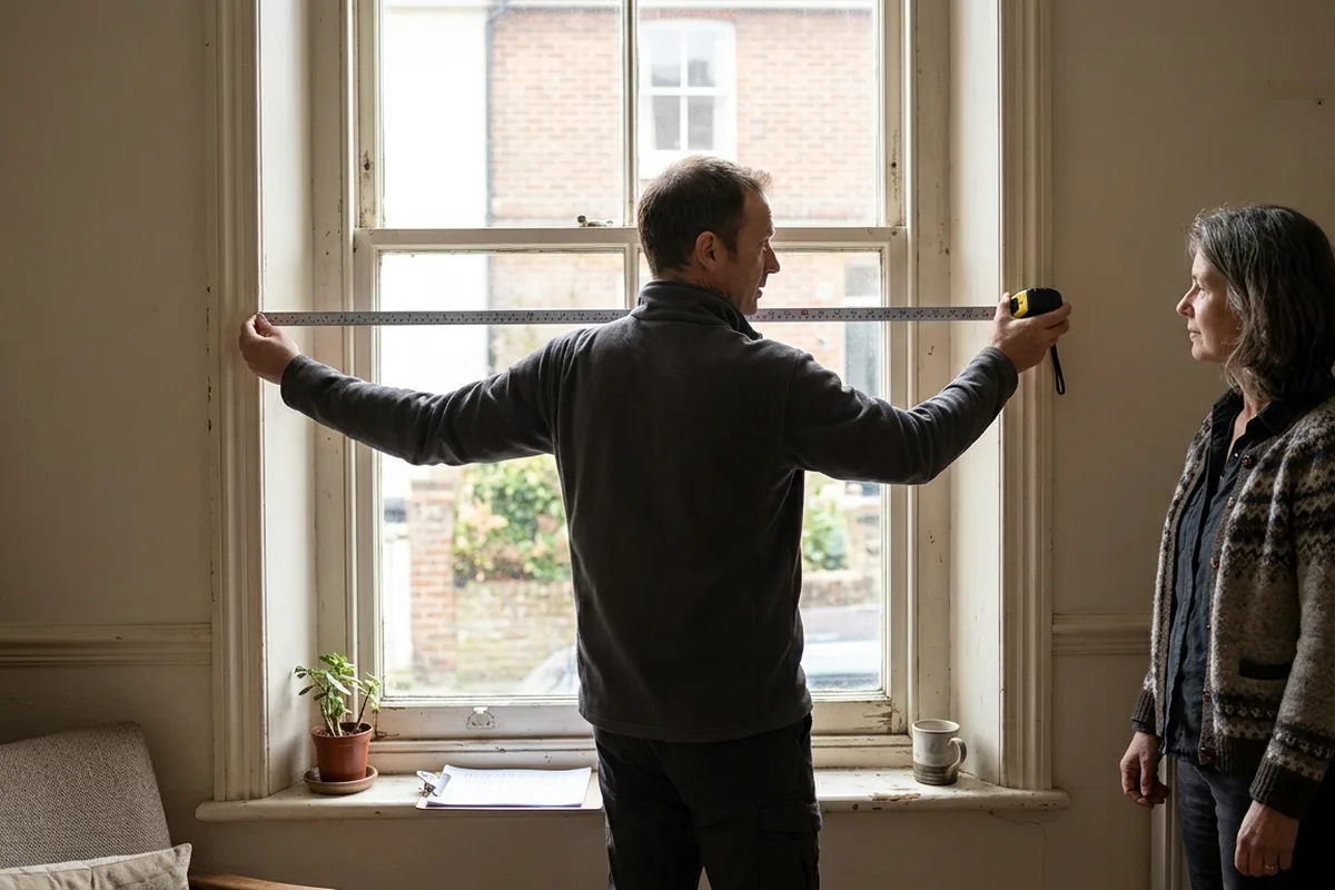 Surveyor measuring an old painted sash window from inside a front room while the owner watches