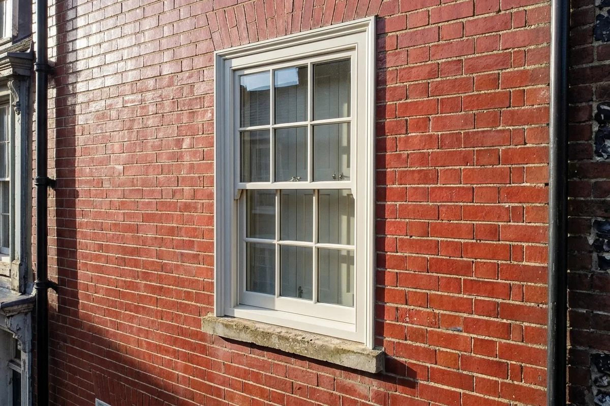 Cream painted six-over-six box sash window with a stone sill in a red brick wall
