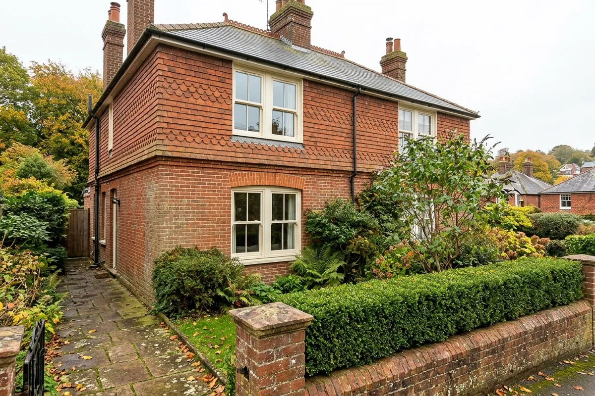 Cream sash windows on a red brick Victorian house with decorative tile-hanging on the upper floor, typical of the Wallands
